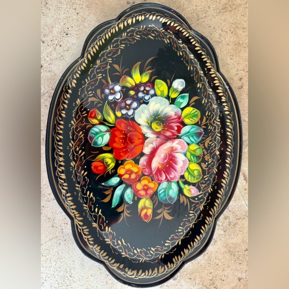 Zhostovo Patterns Small Serving TRAY Hand Painted, Stamped, Lacquered Metal 1964